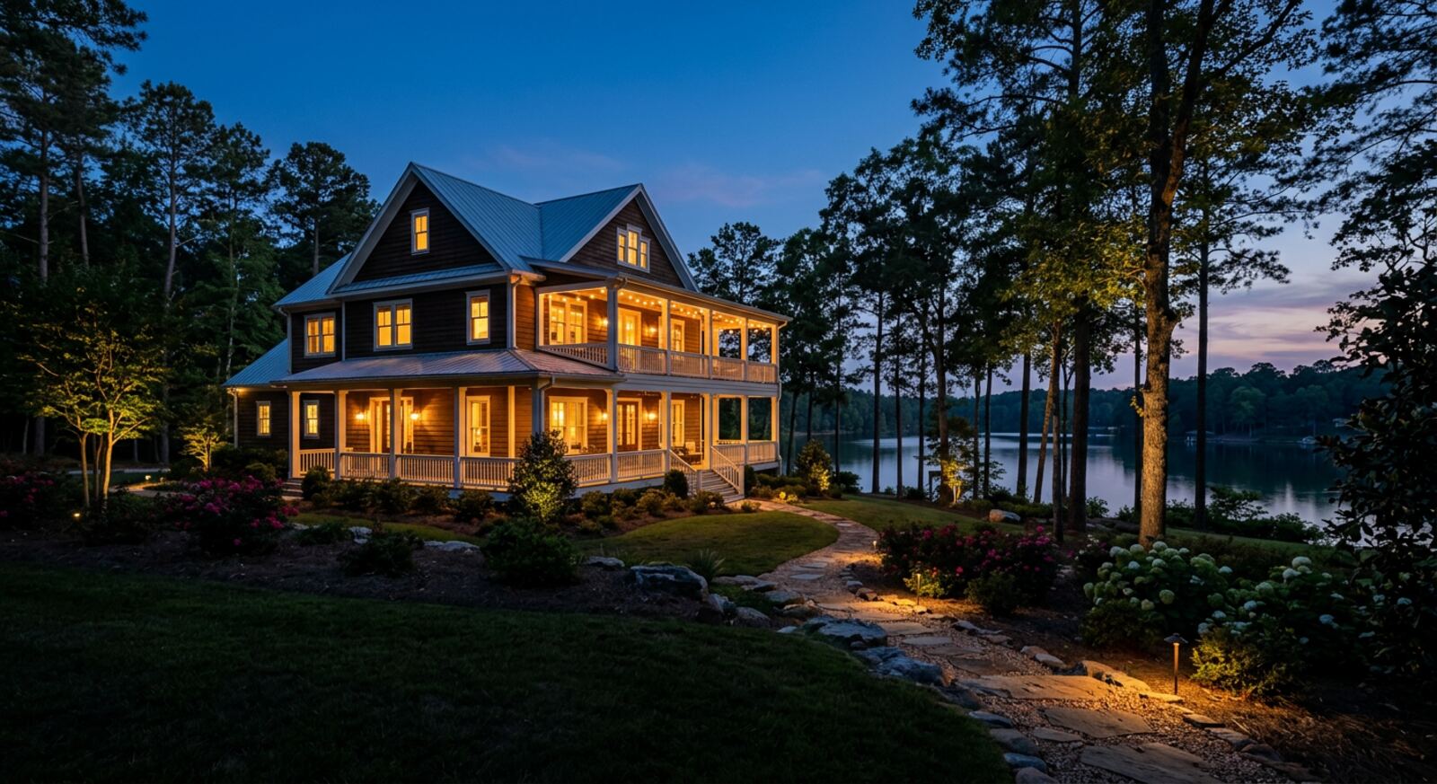 A lake house at dusk, its yard and dock lit with warm outdoor lighting