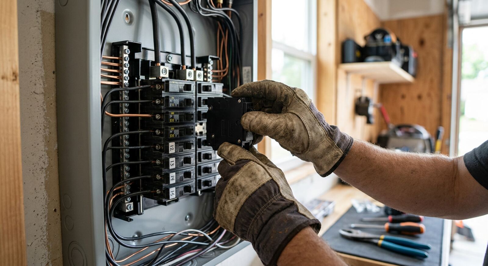 An electrician's hands installing breakers in a residential electrical panel